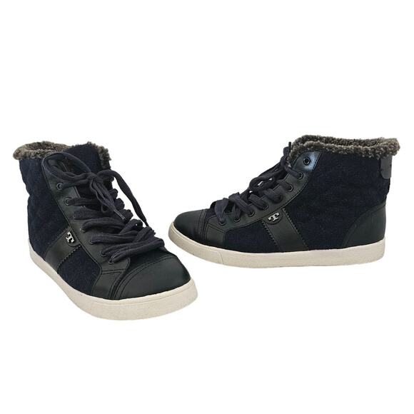 Tory Burch Blue Quilted Flannel/ Leather Fleece Hi-Top Sneaker sz 9 Winter Basic - Picture 1 of 8